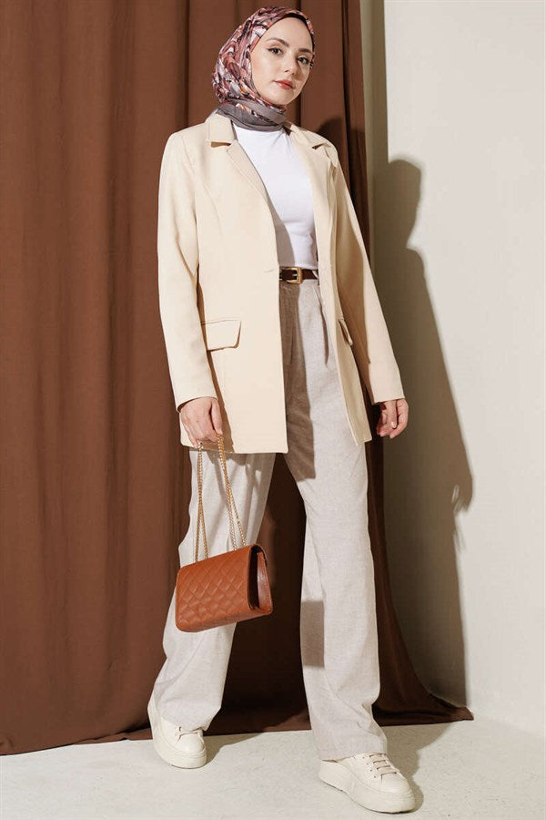 Pleated Detail Wide Leg Trousers with Pockets, Beige