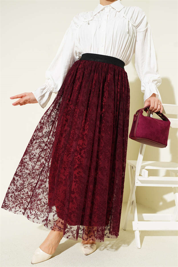 Pleated Detail Floral Tulle Skirt Burgundy