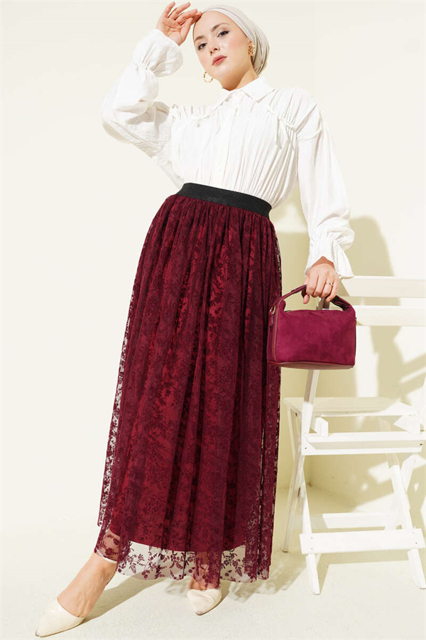 Pleated Detail Floral Tulle Skirt Burgundy