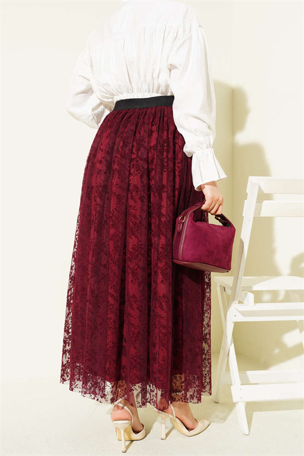 Pleated Detail Floral Tulle Skirt Burgundy