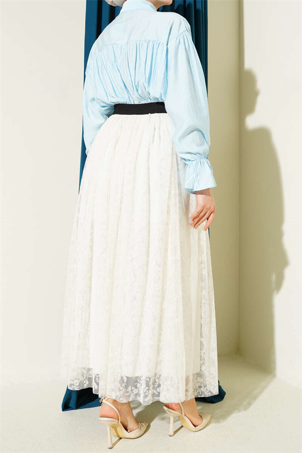 Pleated Detail Floral Tulle Skirt, Ecru