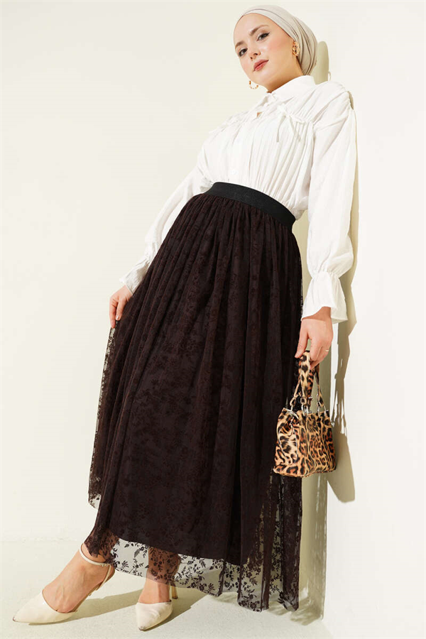 Pleated Detail Floral Tulle Skirt Coffee