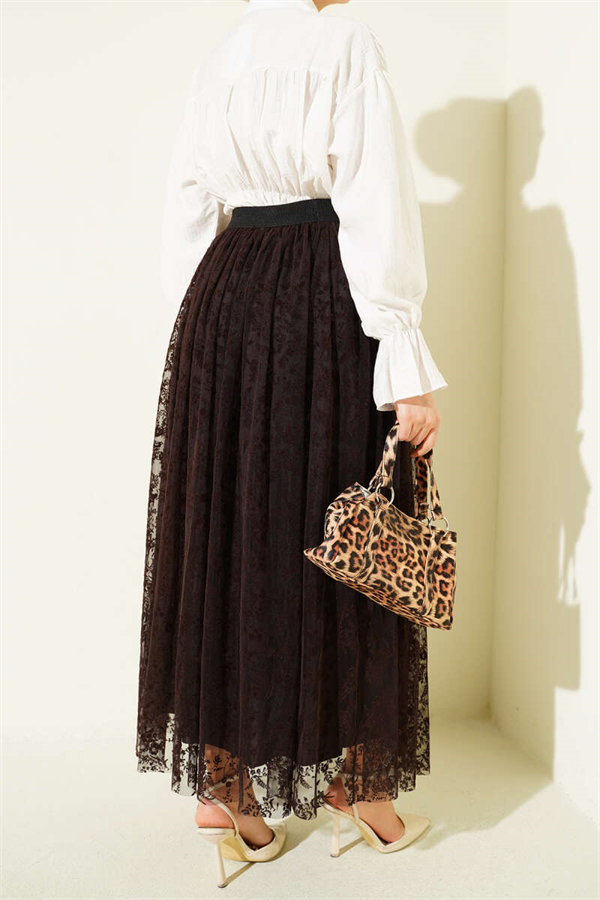 Pleated Detail Floral Tulle Skirt Coffee