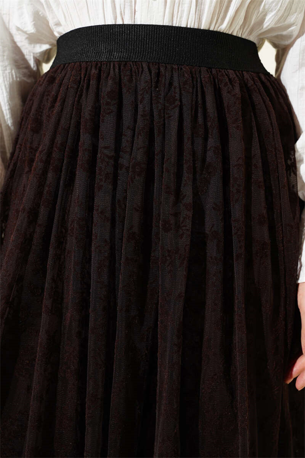 Pleated Detail Floral Tulle Skirt Coffee