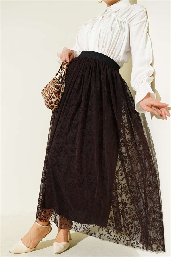 Pleated Detail Floral Tulle Skirt Coffee