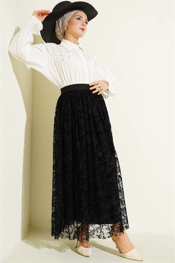 Pleated Detail Floral Tulle Skirt Black