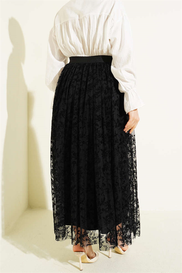 Pleated Detail Floral Tulle Skirt Black