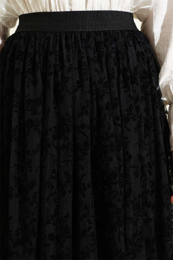 Pleated Detail Floral Tulle Skirt Black
