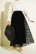 Pleated Detail Floral Tulle Skirt Black