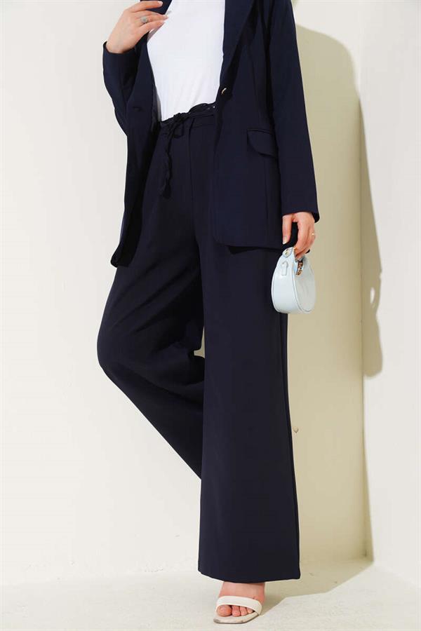 Pleated Detailed Rope Belted Trousers Navy Blue