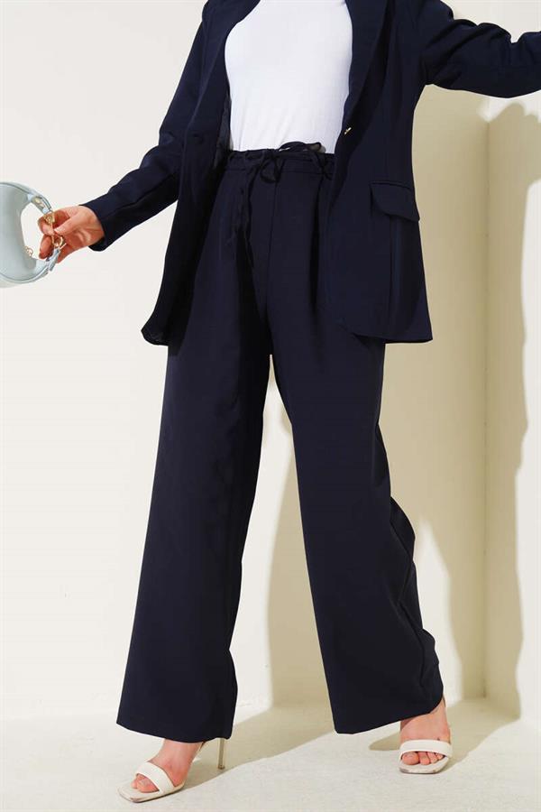 Pleated Detailed Rope Belted Trousers Navy Blue