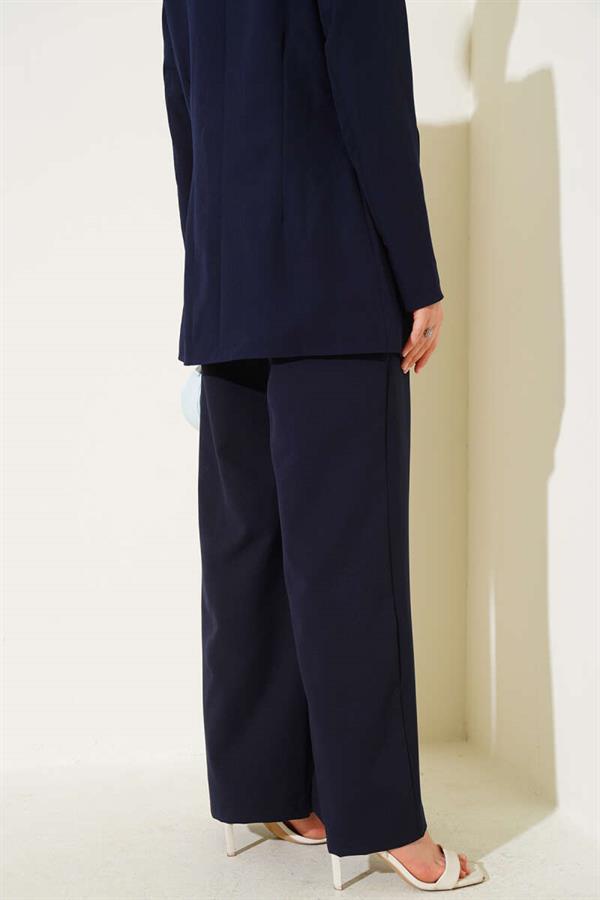 Pleated Detailed Rope Belted Trousers Navy Blue
