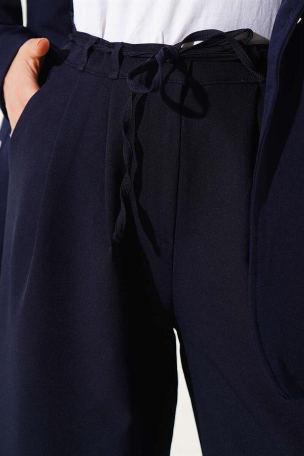 Pleated Detailed Rope Belted Trousers Navy Blue