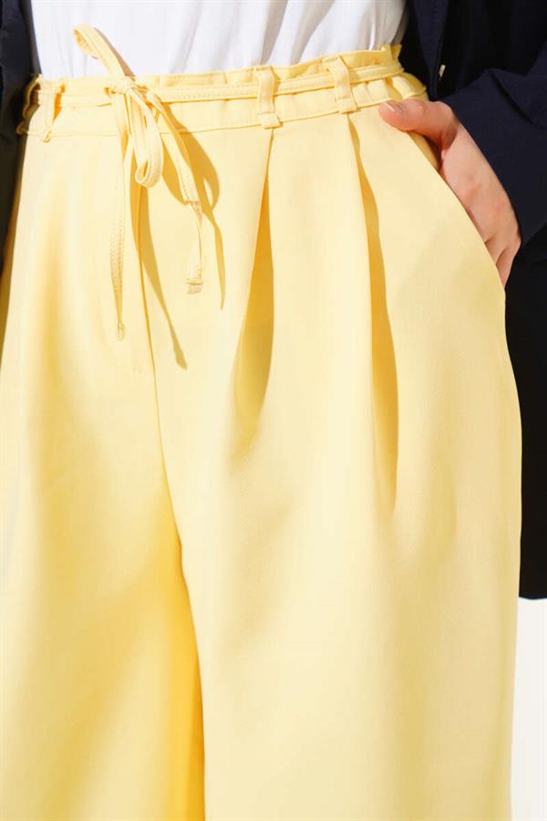 Pleated Detailed Rope Belted Trousers Yellow