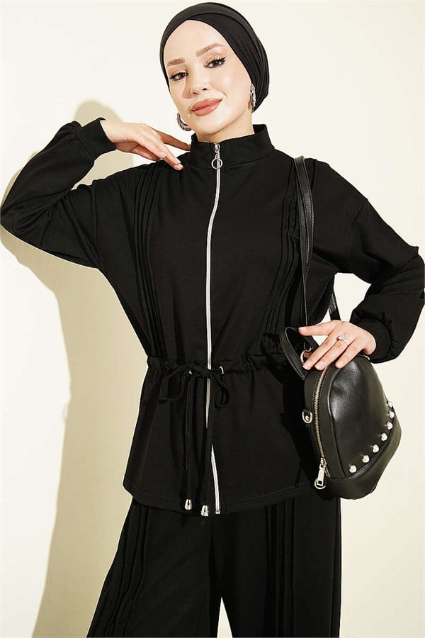 Pleated Detail Loysa 2 Piece Set, Black