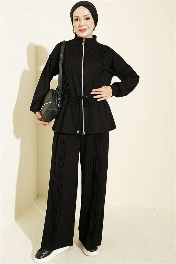 Pleated Detail Loysa 2 Piece Set, Black