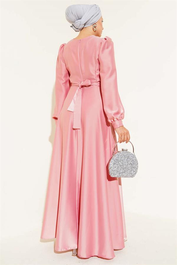 Pleated Collar Stone Detailed Satin Evening Dress Powder