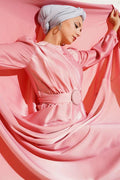 Pleated Collar Stone Detailed Satin Evening Dress Powder
