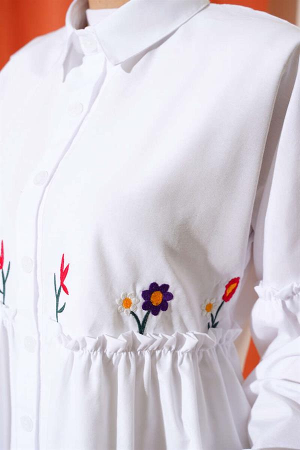 Pleated Floral Embroidered Shirt White