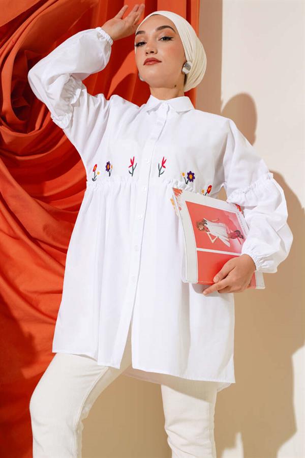 Pleated Floral Embroidered Shirt White