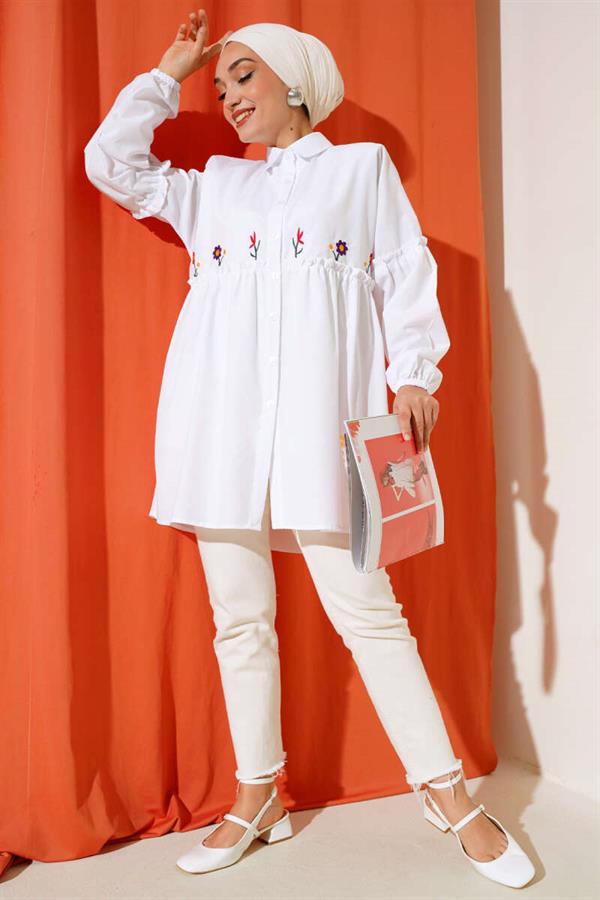 Pleated Floral Embroidered Shirt White