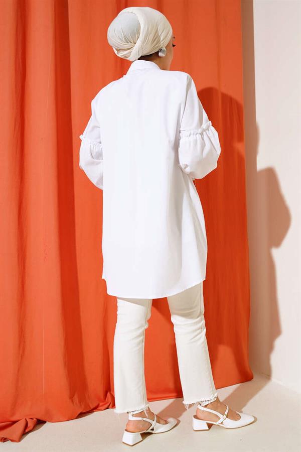 Pleated Floral Embroidered Shirt White