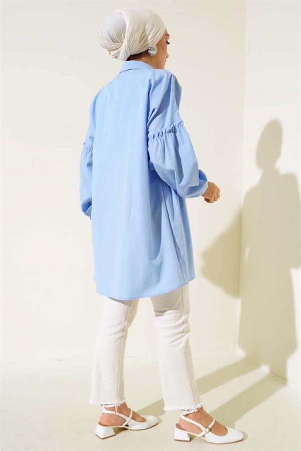 Pleated Floral Embroidered Shirt Ice Blue