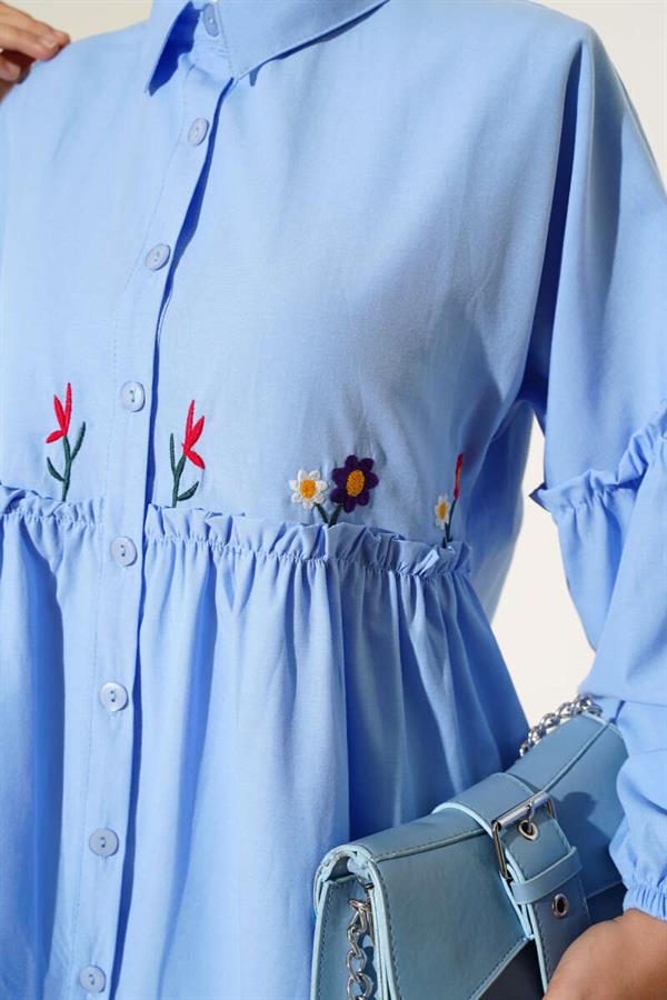 Pleated Floral Embroidered Shirt Ice Blue