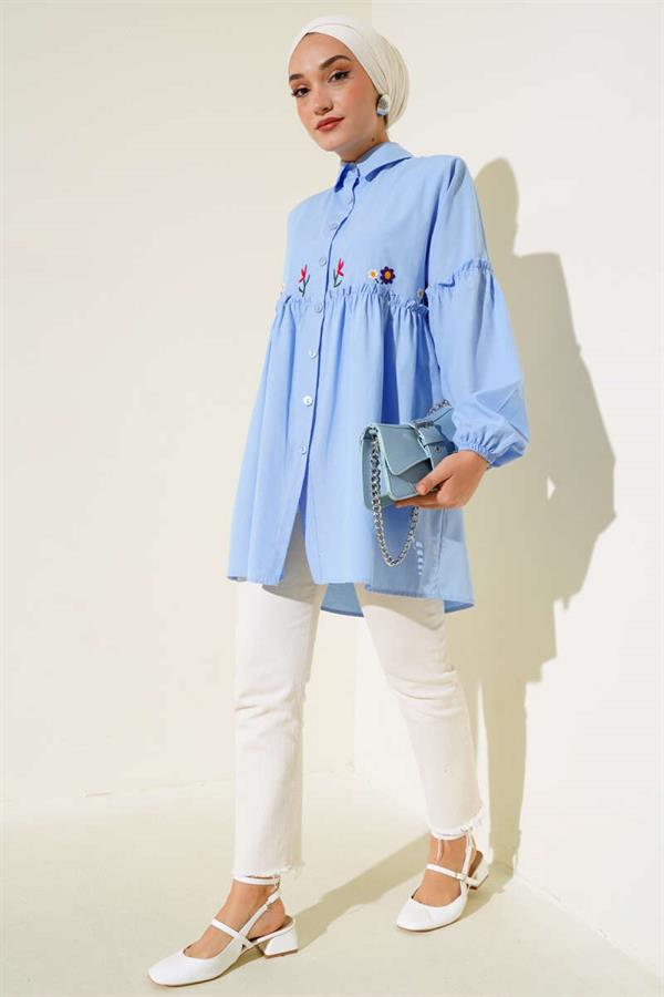 Pleated Floral Embroidered Shirt Ice Blue