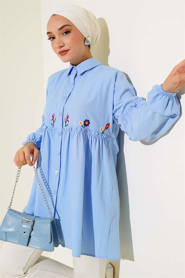 Pleated Floral Embroidered Shirt Ice Blue