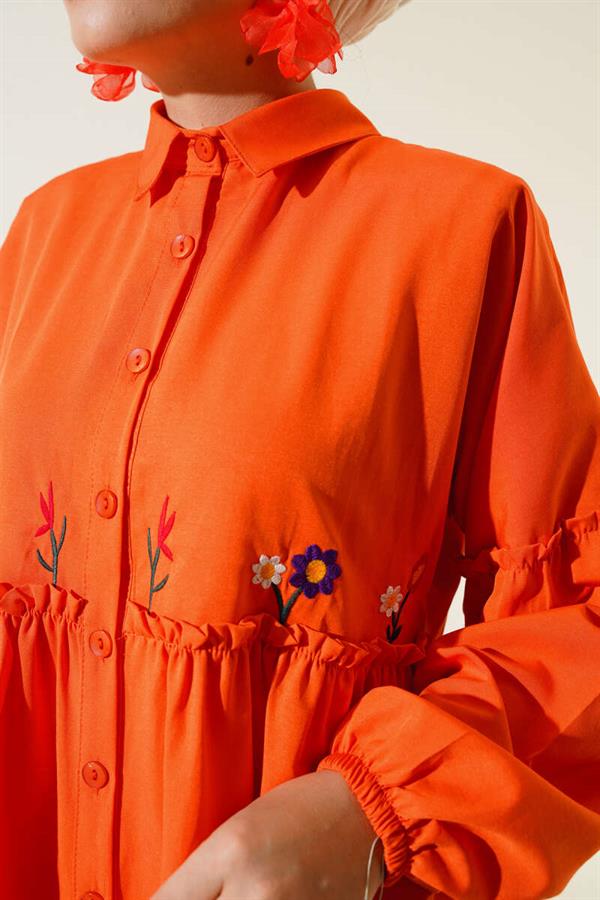 Pleated Floral Embroidered Shirt Orange