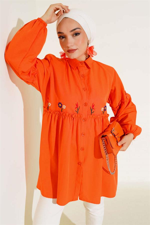 Pleated Floral Embroidered Shirt Orange