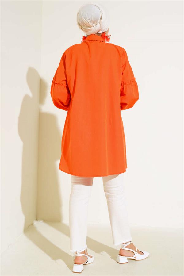 Pleated Floral Embroidered Shirt Orange