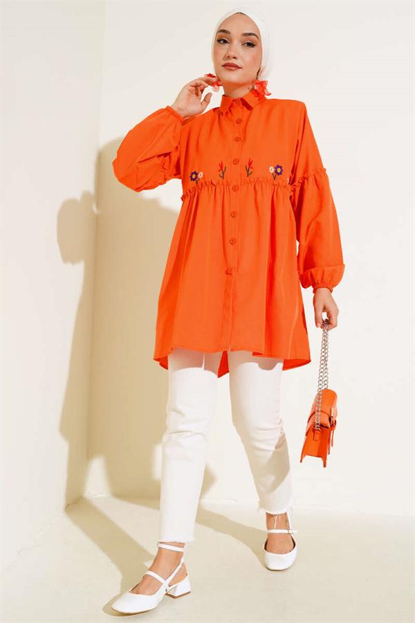 Pleated Floral Embroidered Shirt Orange