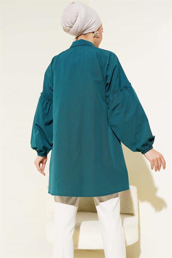 Pleated Floral Embroidered Shirt Petrol