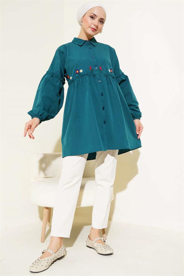 Pleated Floral Embroidered Shirt Petrol
