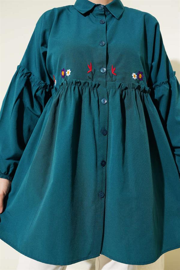 Pleated Floral Embroidered Shirt Petrol