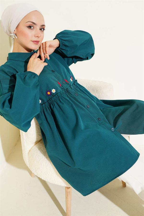 Pleated Floral Embroidered Shirt Petrol