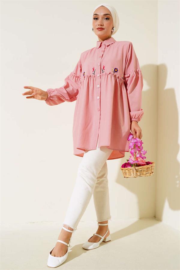 Pleated Floral Embroidered Shirt Powder