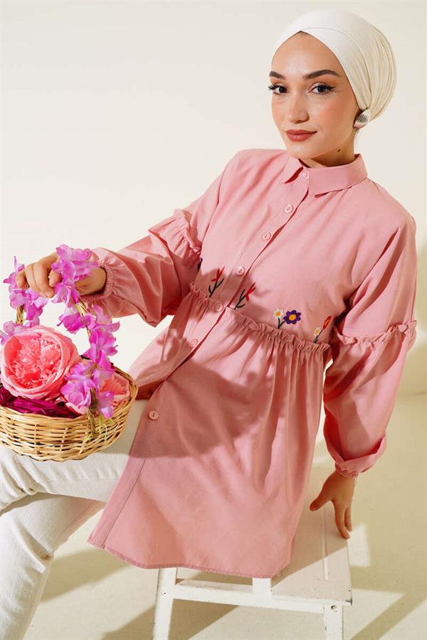 Pleated Floral Embroidered Shirt Powder