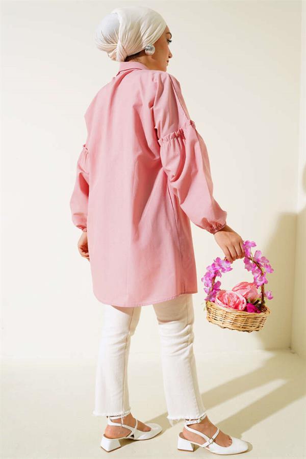 Pleated Floral Embroidered Shirt Powder