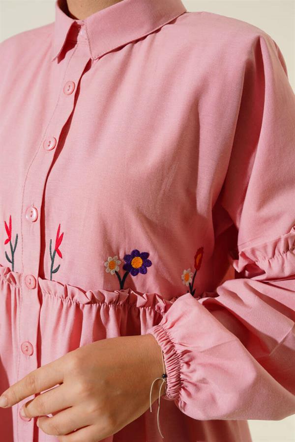 Pleated Floral Embroidered Shirt Powder