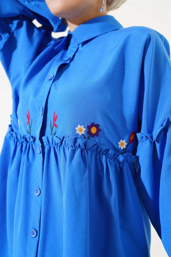 Pleated Floral Embroidered Shirt Saxe