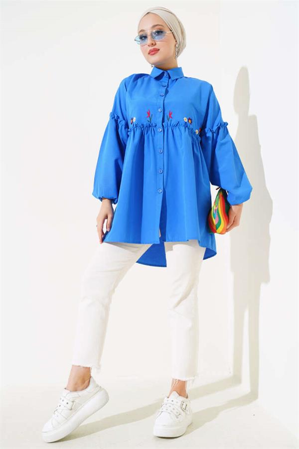 Pleated Floral Embroidered Shirt Saxe