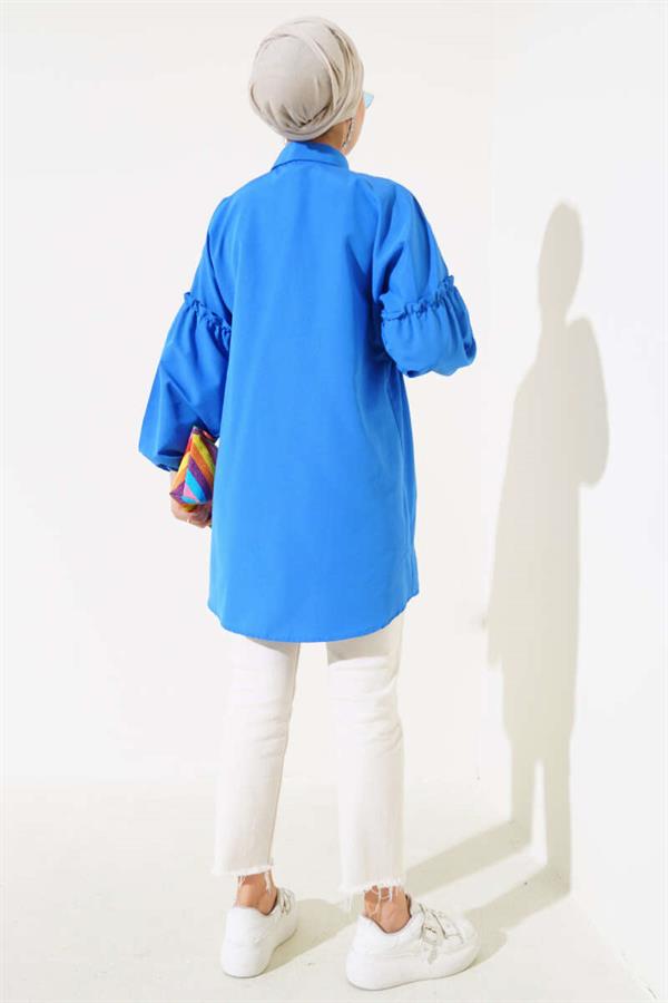 Pleated Floral Embroidered Shirt Saxe