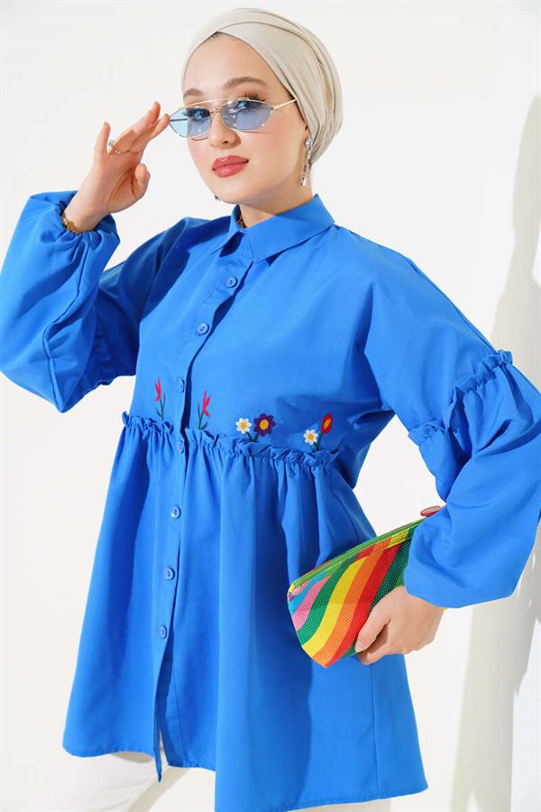 Pleated Floral Embroidered Shirt Saxe