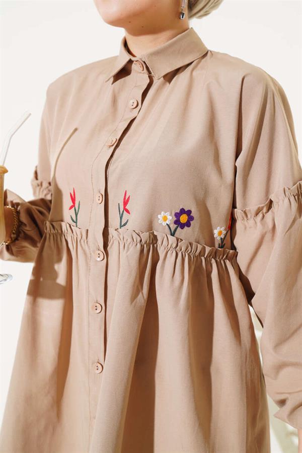Pleated Floral Embroidered Shirt Milky Coffee