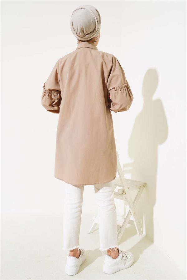 Pleated Floral Embroidered Shirt Milky Coffee