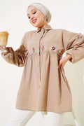 Pleated Floral Embroidered Shirt Milky Coffee