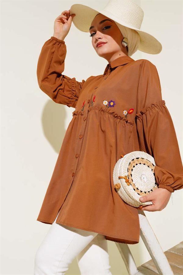 Pleated Floral Embroidered Shirt Tan